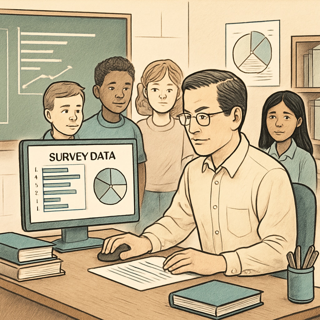 A teacher analyzing survey data on a computer with a group of students in the background. The image reflects the importance of data analysis in educational settings. Teacher analyzing survey data for K12 education research.
