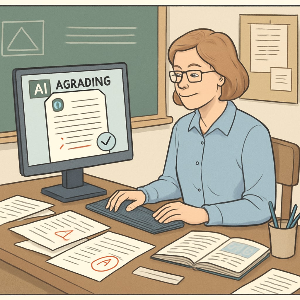 A teacher using an AI-assisted grading tool on their computer in a classroom setting, demonstrating the integration of technology into education. Teacher using AI-assisted grading tool to reduce administrative workload.