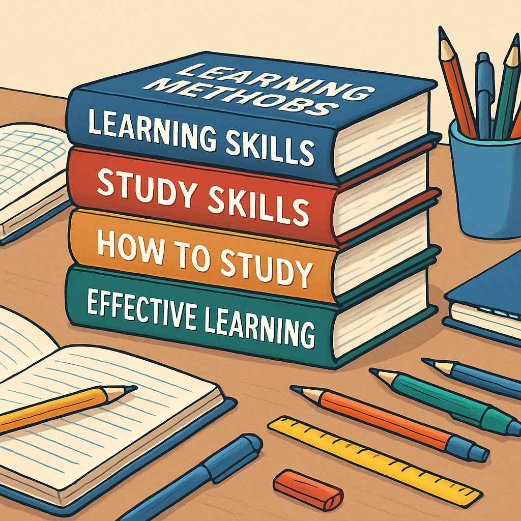 A stack of books with titles related to learning methods placed on a study desk, surrounded by notebooks and stationery. Books about learning methods, study desk setup.