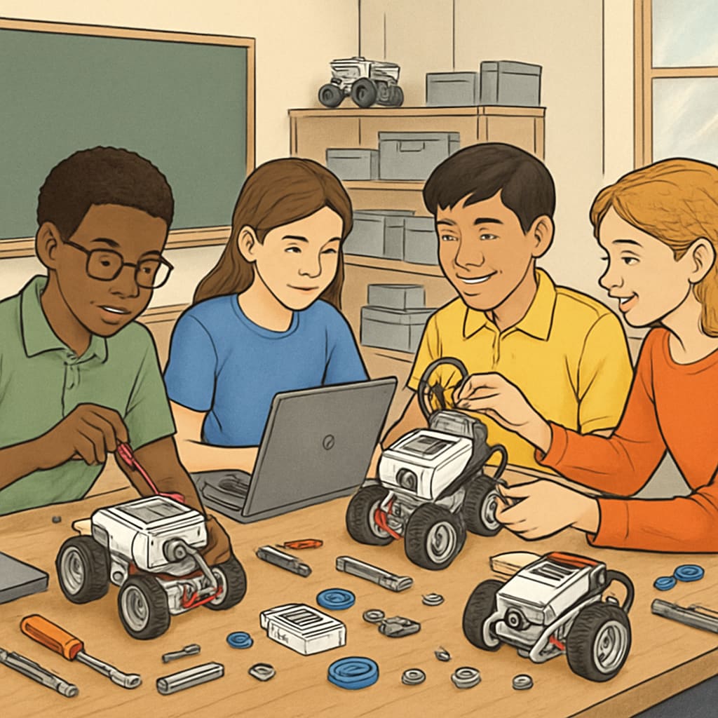 Students participating in a robotics workshop, combining teamwork and technical skills to prepare for future careers in STEM and AI-related fields. Students collaborating in a robotics workshop.