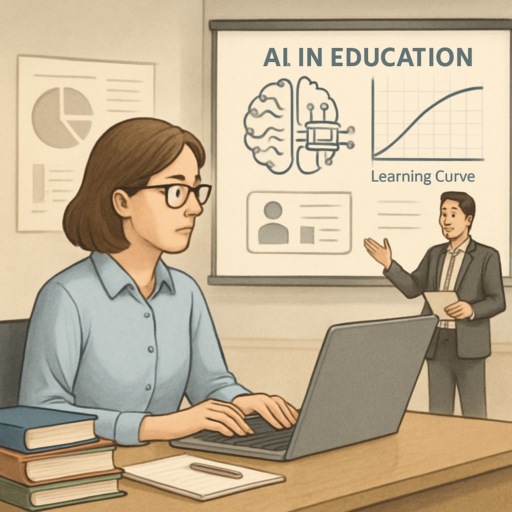 A teacher attending a training session on implementing AI tools in the classroom, highlighting the learning curve involved in adopting new technology. Teacher learning to use AI tools in education during a professional development session.