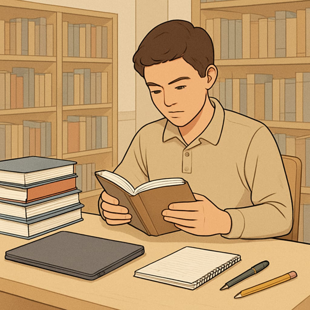 A high school student reading one of the recommended books at a library table, surrounded by textbooks and a laptop. Student reading a book about learning strategies in a library.