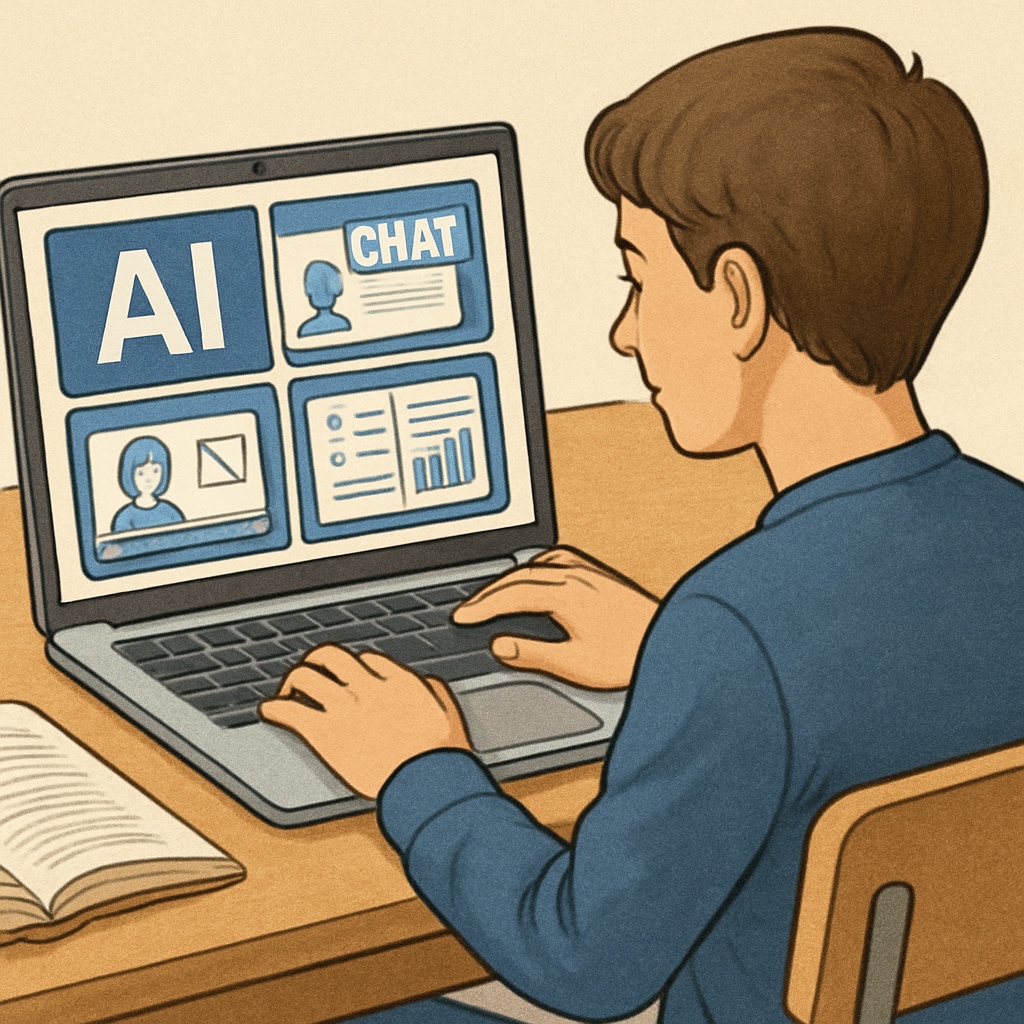 A student using a laptop with AI tools visible on the screen, symbolizing the integration of technology into education. A student using AI tools on a laptop to enhance academic learning.