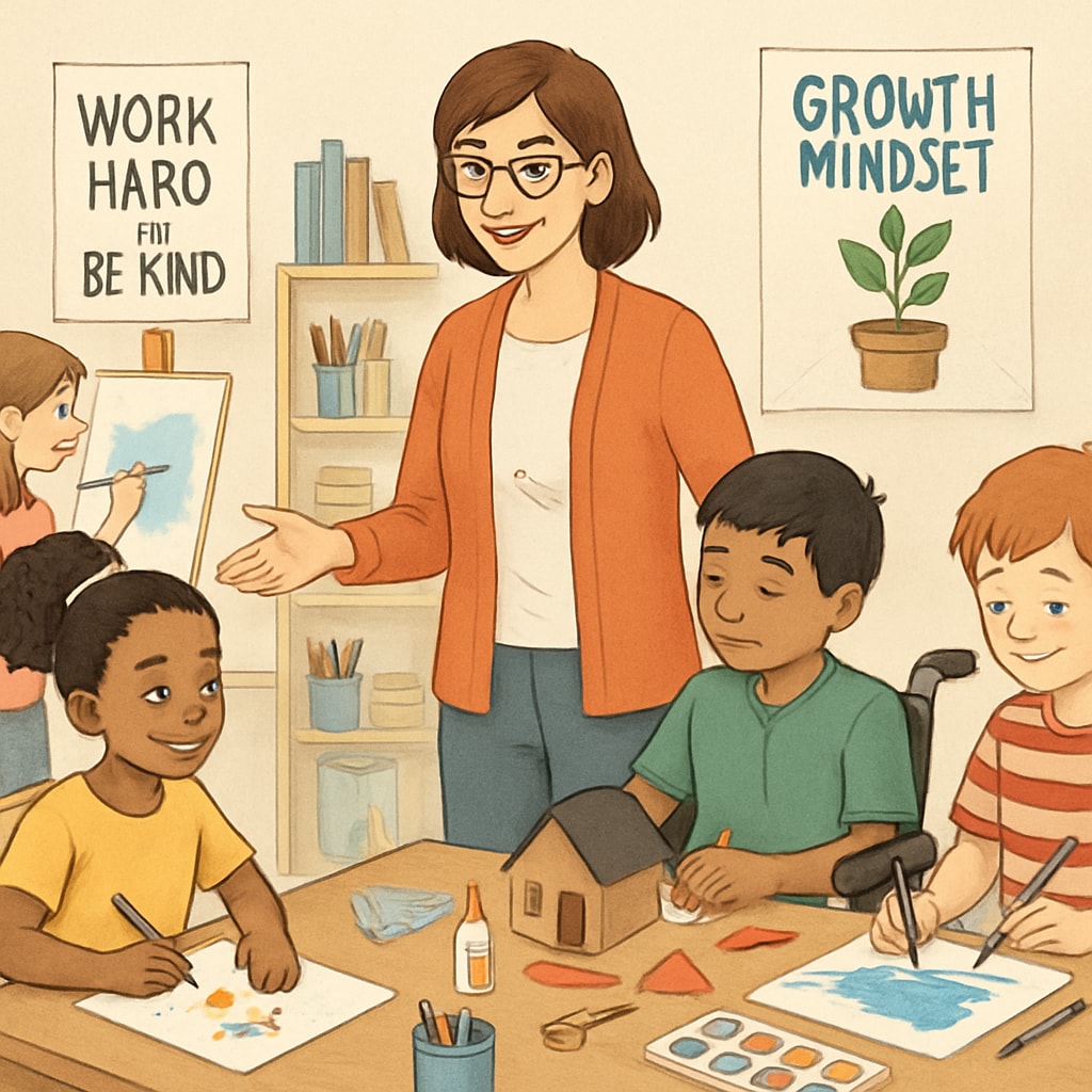 A teacher encouraging students of varying abilities in a creative workshop, showcasing a growth-focused approach. Teacher guiding students in a creative activity, promoting growth and inclusiveness.