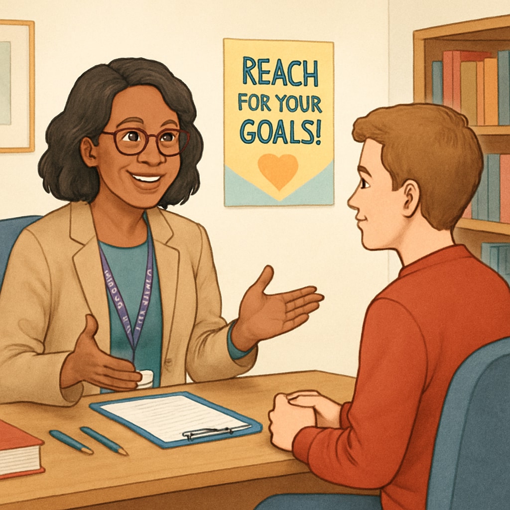 A school counselor providing support to a student, illustrating the importance of comprehensive resources in education.