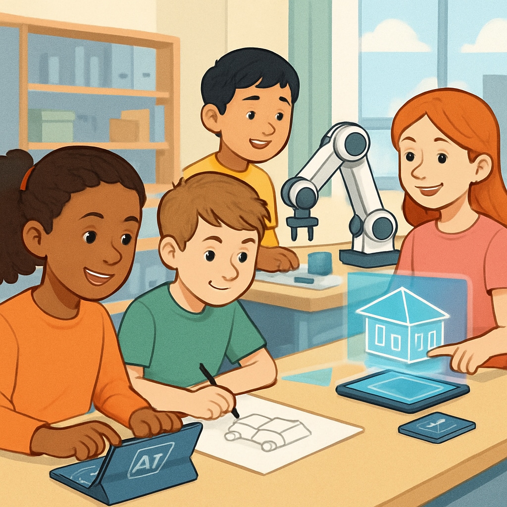 An illustration of AI tools being used in a collaborative classroom setting, showing students and AI interacting together. A classroom setting where students and AI tools are collaboratively used for learning.