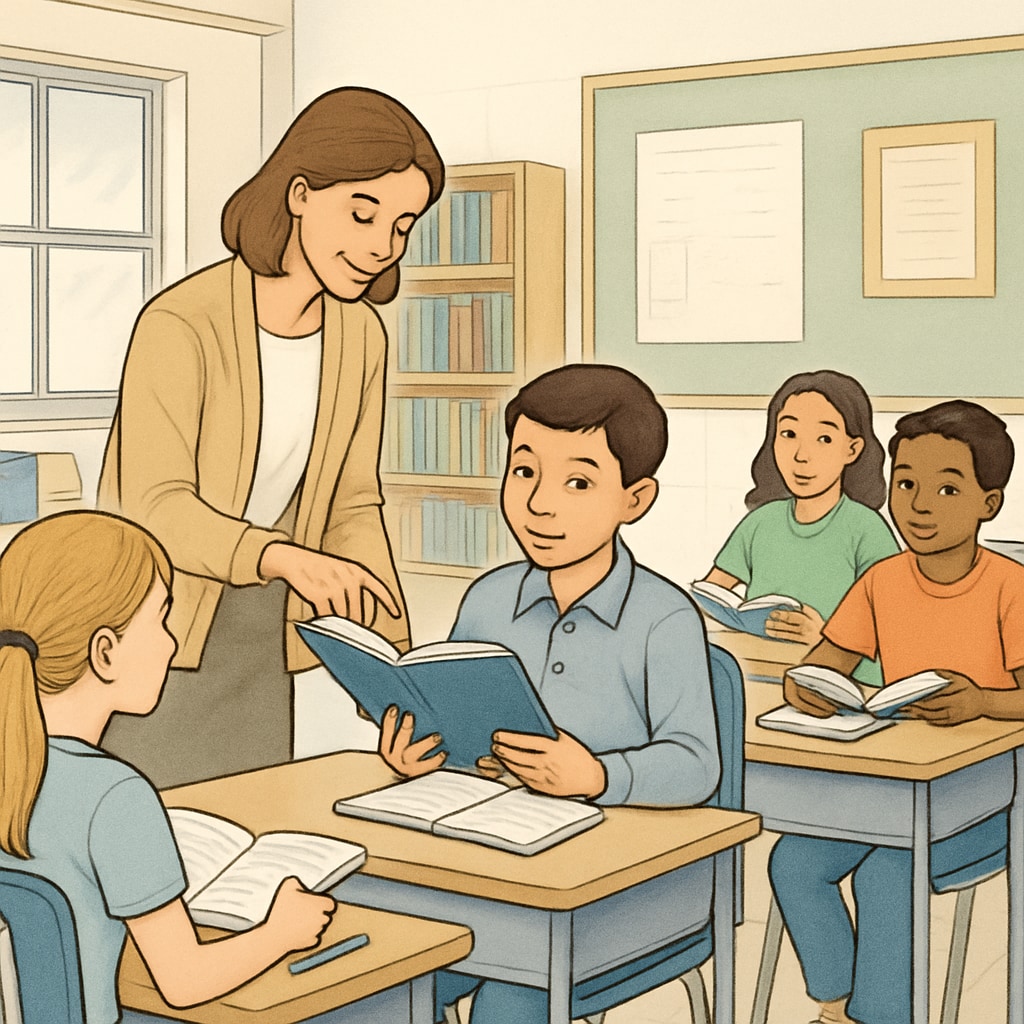 A teacher helping a group of 5th-grade students during a reading activity in the classroom. A teacher guiding 5th-grade students in an ELA reading session.