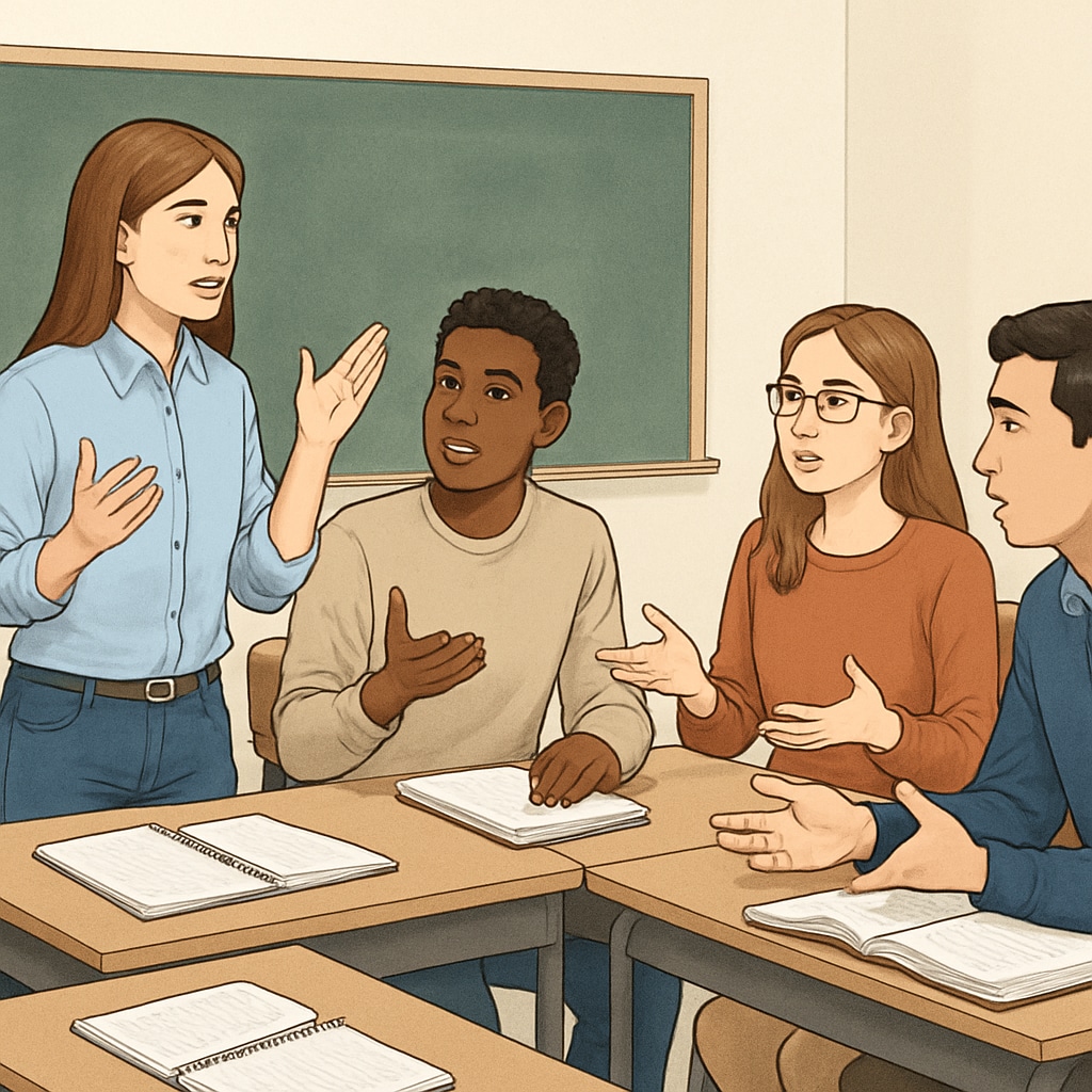 A university classroom with students engaging in a debate or group discussion, representing the development of critical thinking skills. Students in a university classroom participating in a group discussion to develop critical thinking.