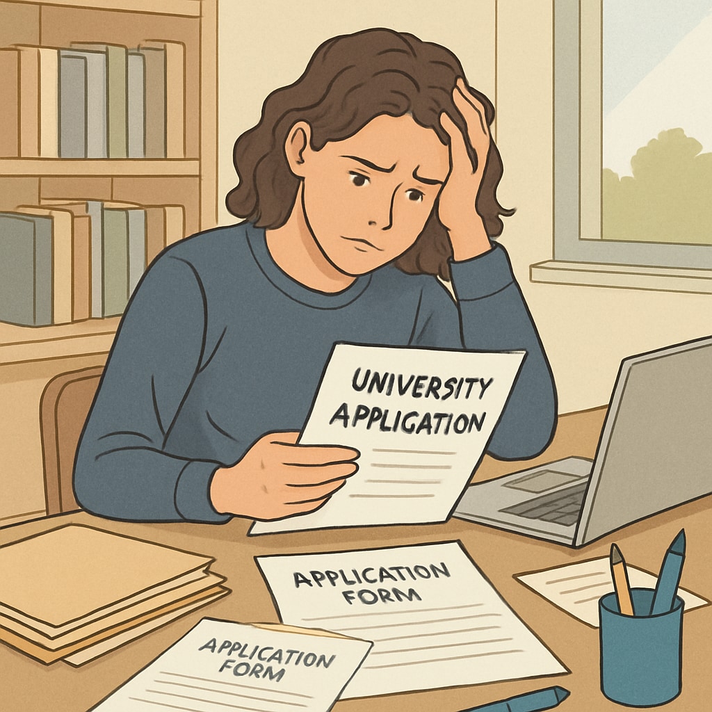 First-year student stressed over university applications.