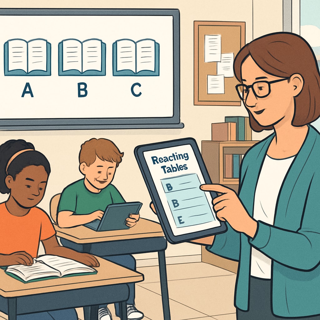 An educator using a tablet to assign differentiated reading tasks to a group of students in a modern classroom. Differentiated reading instruction tools being used in a 5th-grade ELA classroom.