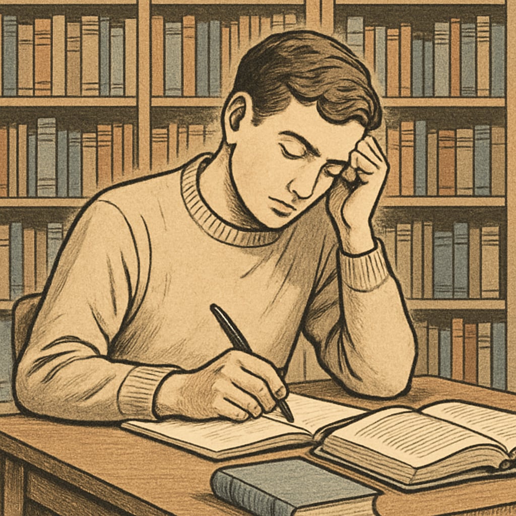 A student sitting in a library, deep in thought with a notebook and pen, symbolizing self-reflection. A student in a library reflecting and writing in a notebook, representing self-reflection.
