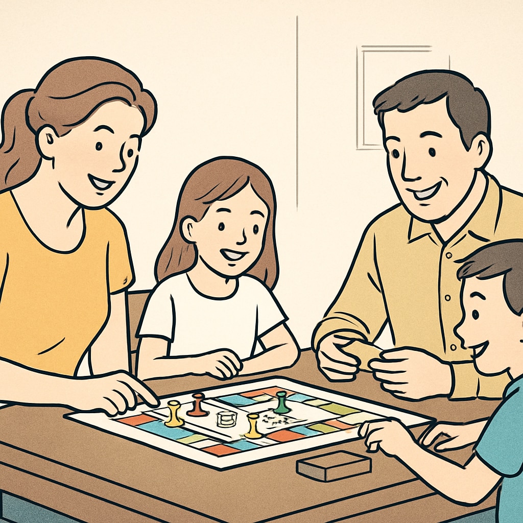 A family engaging in board games at the dining table, showcasing alternatives to screen time. Parents and children enjoying offline activities to reduce screen dependency.