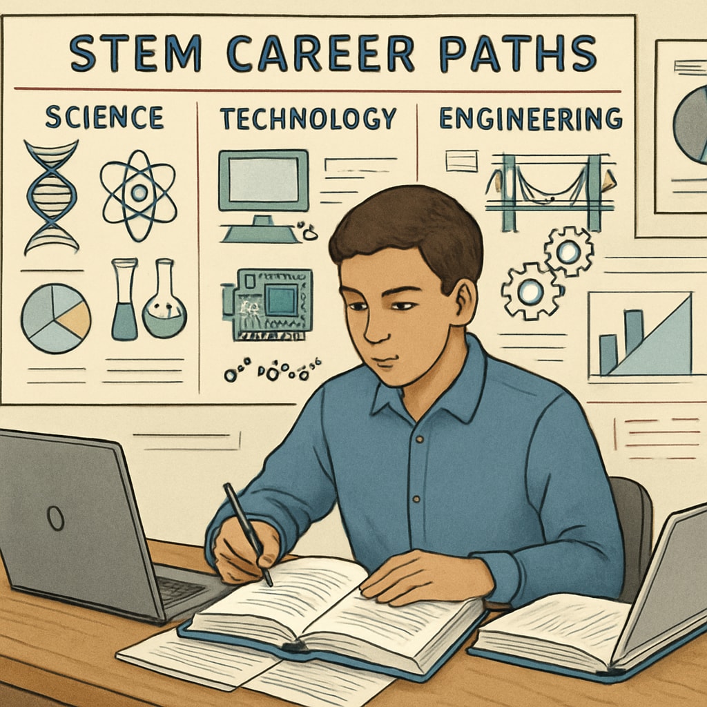 A student researching STEM career paths using a laptop and books, surrounded by charts and diagrams. Student researching STEM major selection and career options.