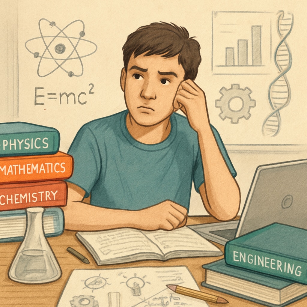 A high school student sitting at a desk surrounded by STEM-related books and a laptop, looking pensive. The image represents the challenges and mental strain of STEM career planning. High school student thinking about STEM career choices