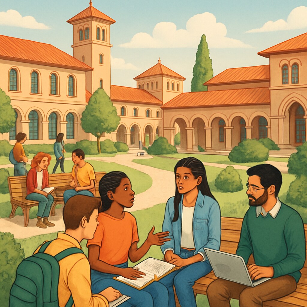 A vibrant university campus in Spain with students from diverse backgrounds engaging in discussions. University campus in Spain with international students discussing studies.