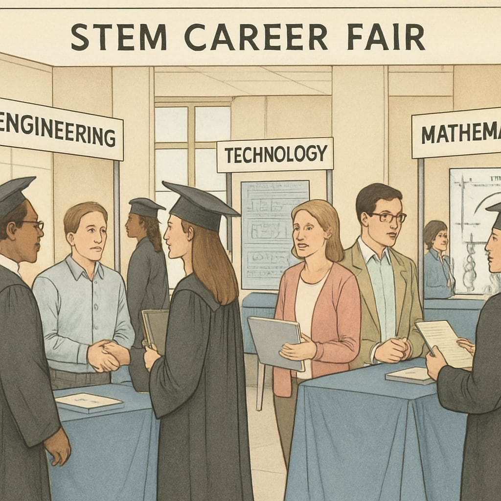 Graduates attending a STEM career fair to learn about job opportunities, with representatives from various industries. STEM graduates exploring career outlook at a job fair.