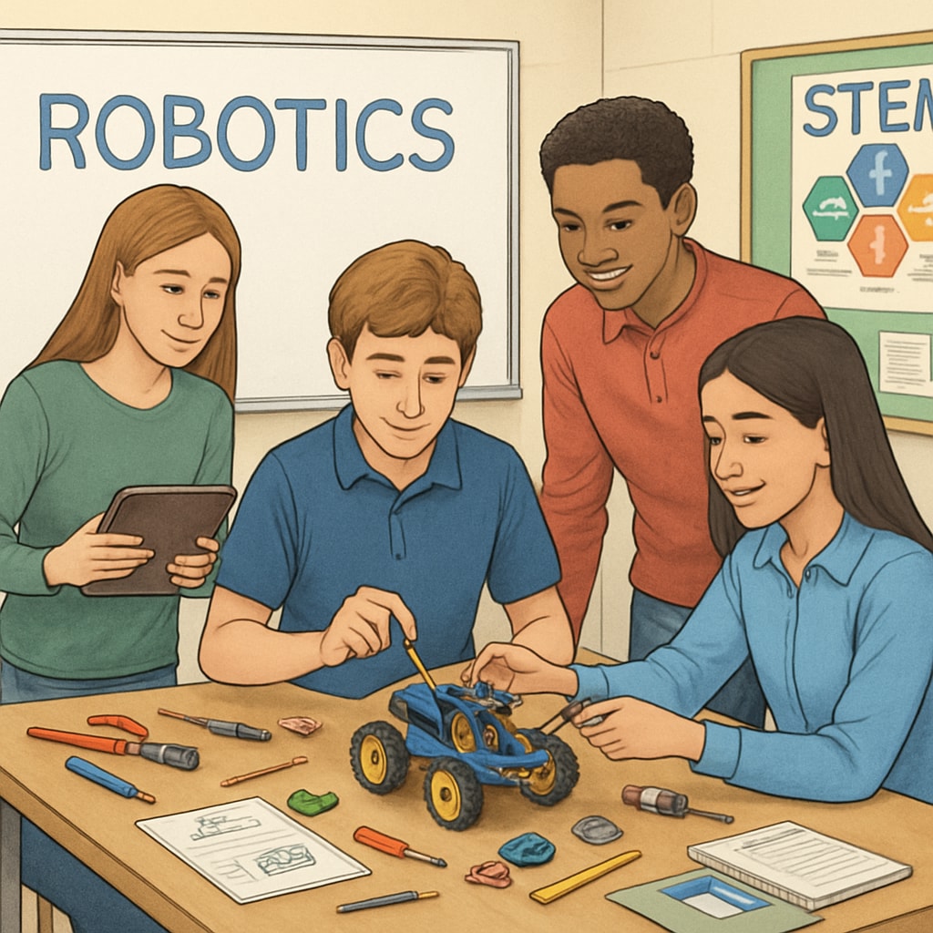 A group of high school students engaging in a robotics workshop, collaborating and exploring STEM concepts. The image signifies hands-on exploration as a way to clarify STEM career paths. High school students exploring STEM through robotics