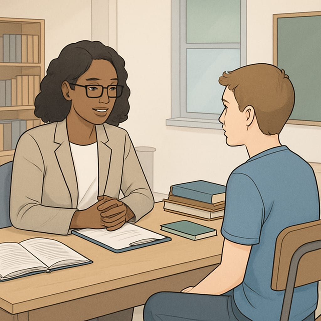 A counselor working one-on-one with a student in a calm, supportive environment. A counselor providing behavioral intervention to a disruptive student.