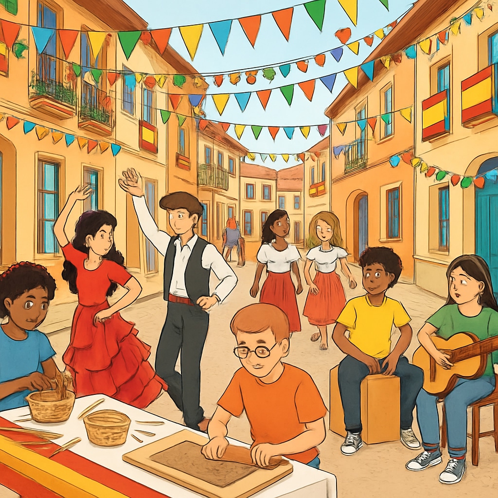 A vibrant Spanish street during a local festival with students participating in cultural activities. Spanish street during a festival with students engaging in cultural activities.