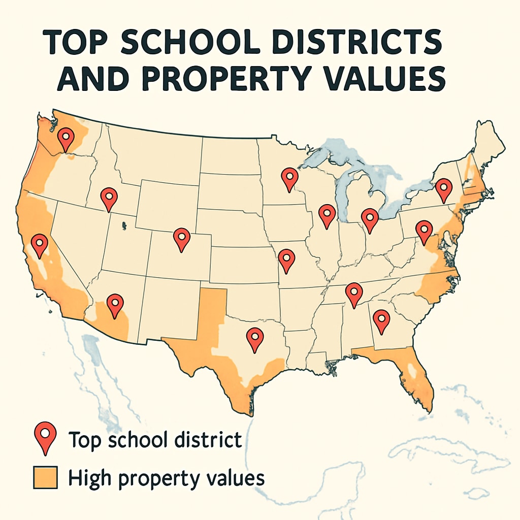 A map highlighting top school districts in the U.S., showing their correlation with high property values. Map of top U.S. school districts and their impact on real estate.