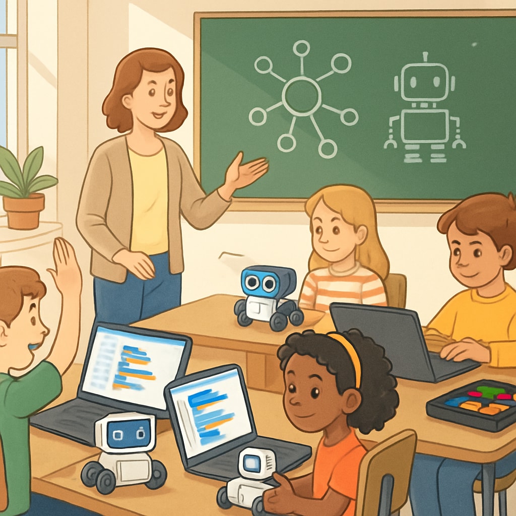 A classroom with children engaging in coding and robotics activities, symbolizing the integration of AI concepts into K12 education. Students learning coding and robotics in a classroom, representing AI integration in K12 education.