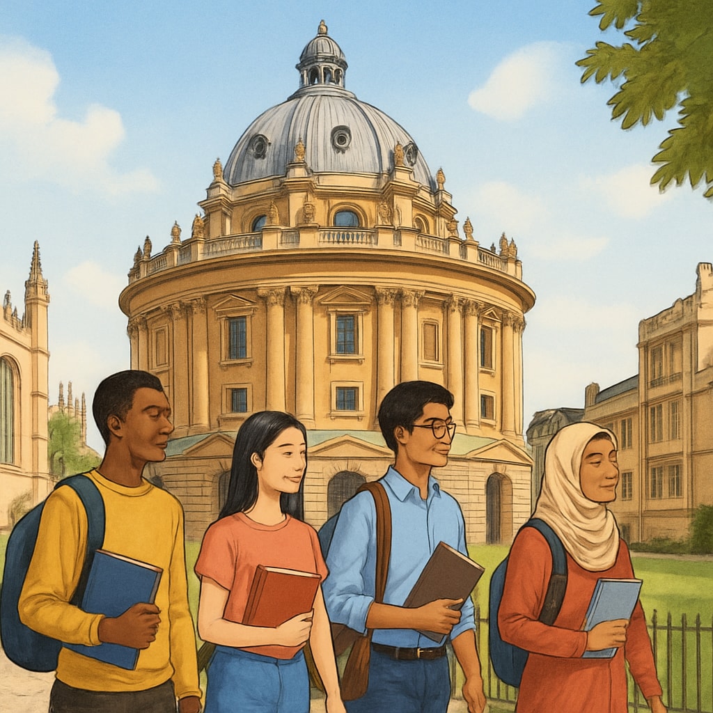 A diverse group of students walking near Oxford University’s iconic Radcliffe Camera, symbolizing education and diversity. Diverse students walking near Oxford University Radcliffe Camera, symbolizing immigration and education.
