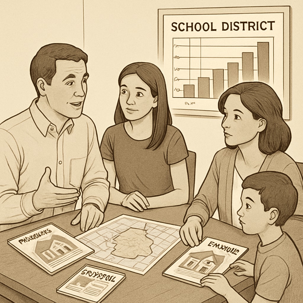 A family evaluating housing options near a highly ranked school district. Family discussing housing near a top school district.