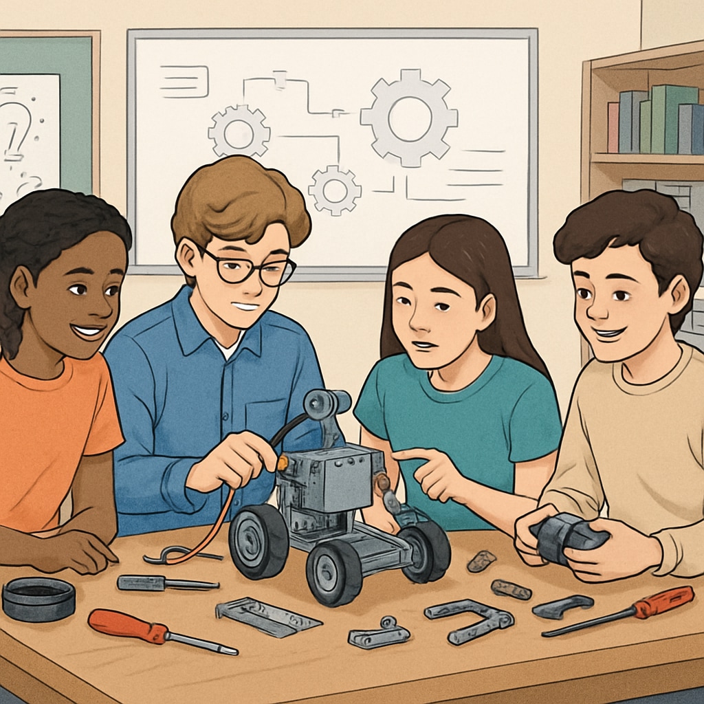 Students collaborating on a robotics project, demonstrating teamwork and problem-solving skills in an educational setting. Group of students working on a robotics project, showcasing teamwork and problem-solving in K12 education.