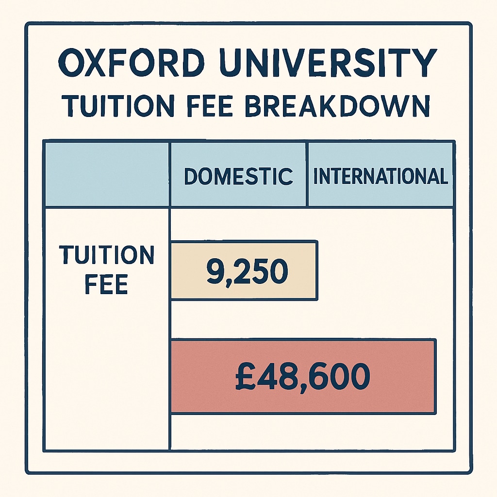 A close-up of Oxford University tuition fee breakdown chart, illustrating the stark differences between domestic and international rates. Oxford University tuition fee chart showing differences between domestic and international fees.