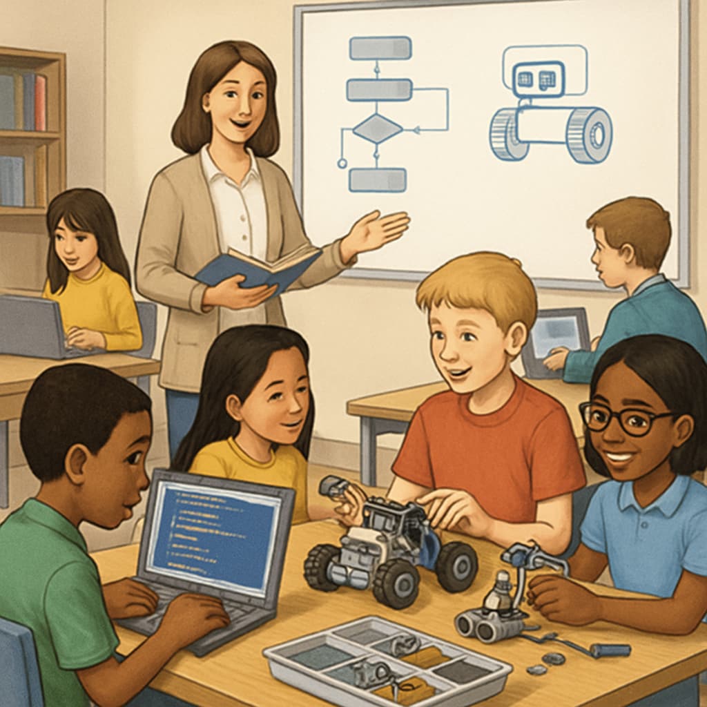 Students working on robotics and coding projects in a STEM classroom.