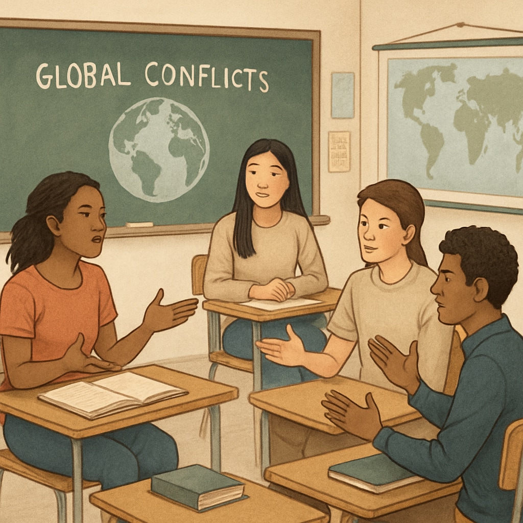 A classroom setting where students are engaged in a discussion about global conflicts, symbolizing the need for critical engagement in education. Students discussing global conflicts in a classroom, emphasizing Gaza mourning and school decisions.