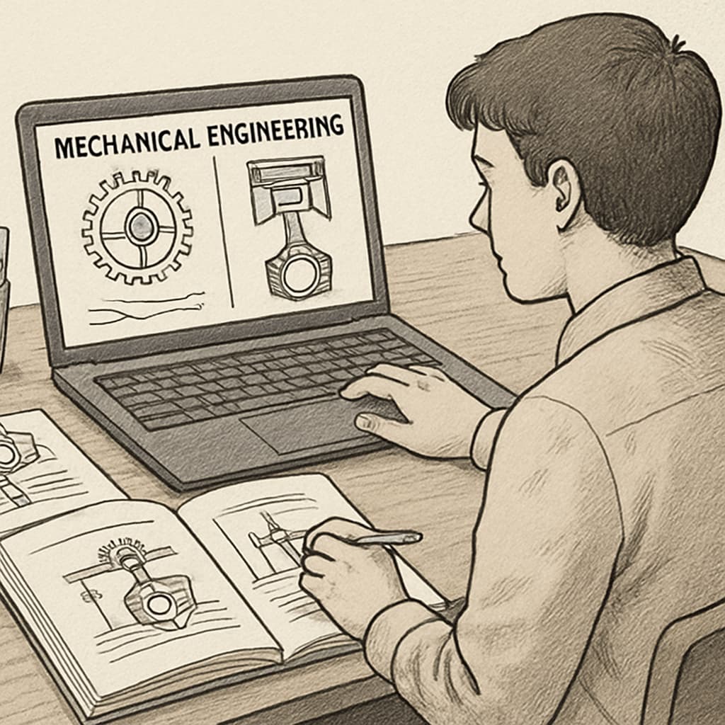 A student using a laptop to study mechanical engineering concepts alongside an online course. Student studying mechanical engineering and online second degree coursework.