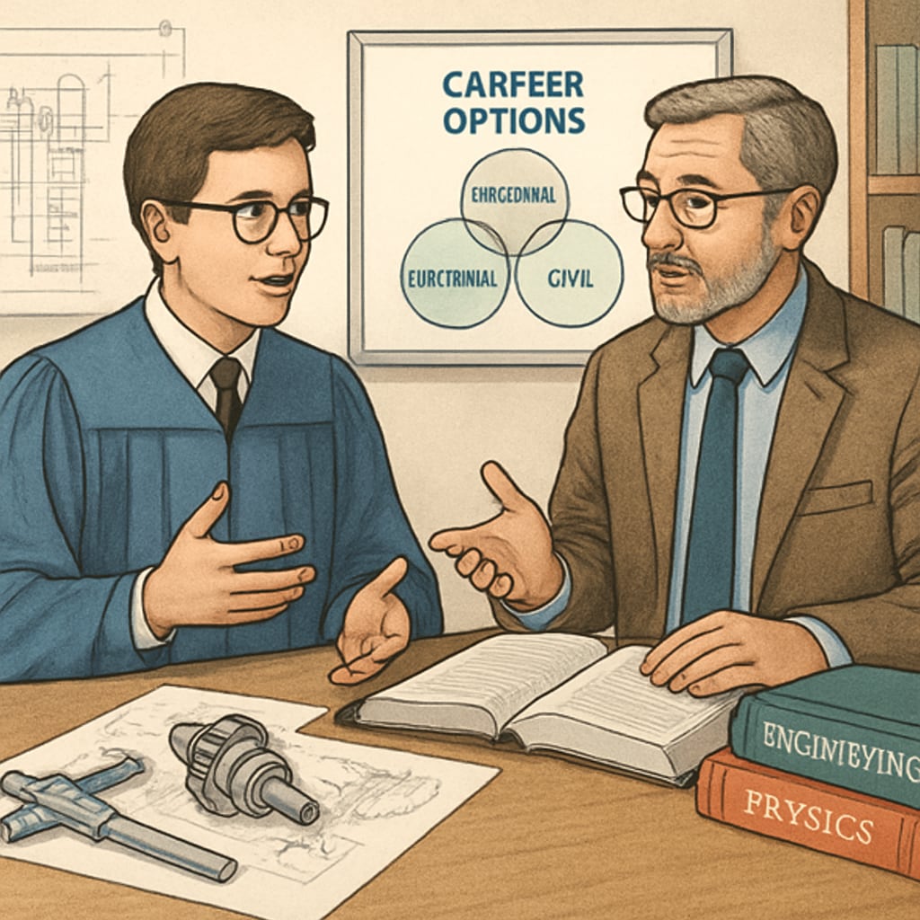 A mechanical engineering graduate discussing career options with a mentor, emphasizing the value of a multidisciplinary background. Graduate exploring career paths with combined mechanical engineering and online degree skills.