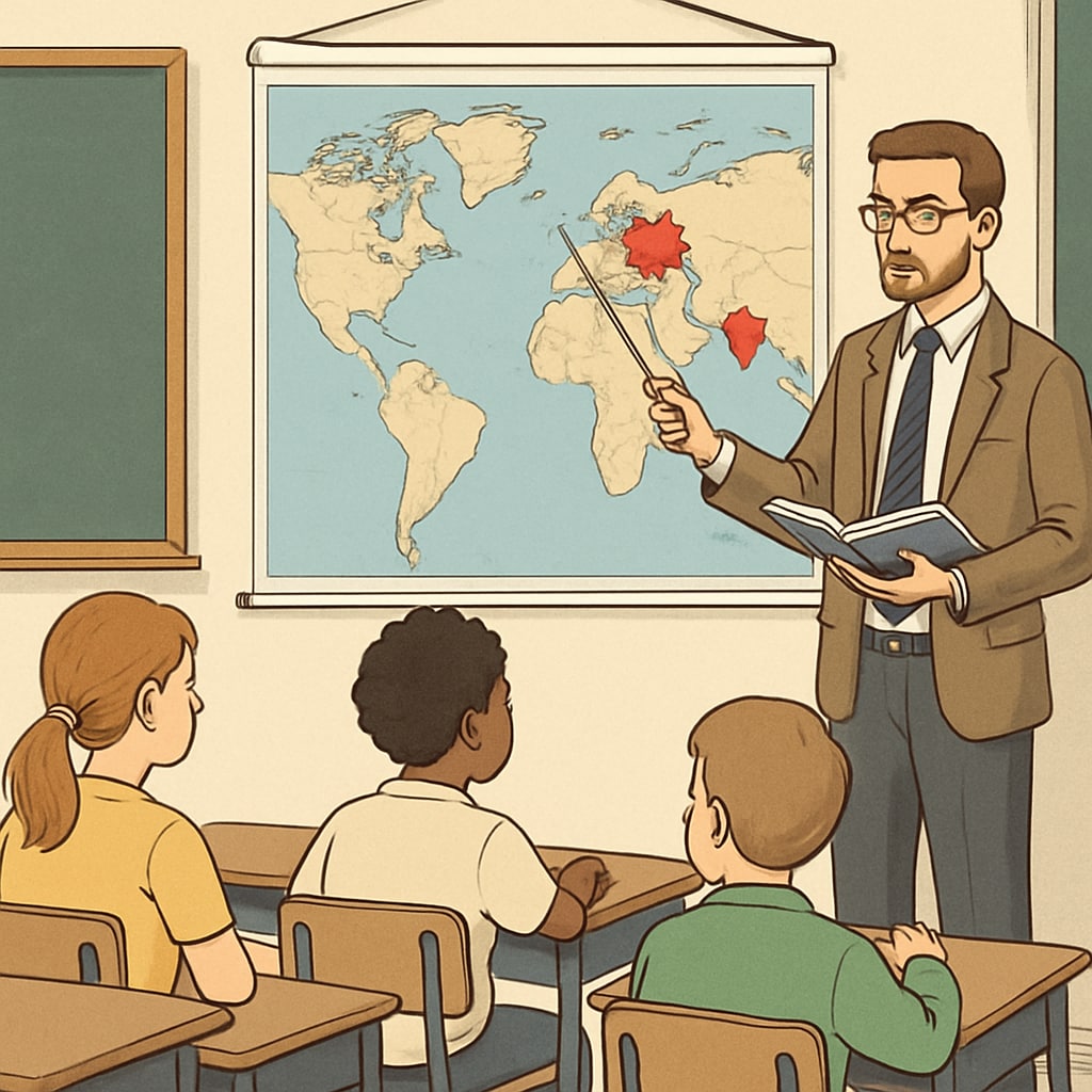 A teacher explaining geopolitical conflicts using a world map in a classroom, illustrating the importance of contextual understanding in education. Teacher using a map to explain Gaza and other geopolitical conflicts, highlighting educational integrity.