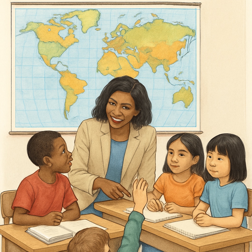 A teacher with children in a classroom, symbolizing Ms. Rachel's global education focus.