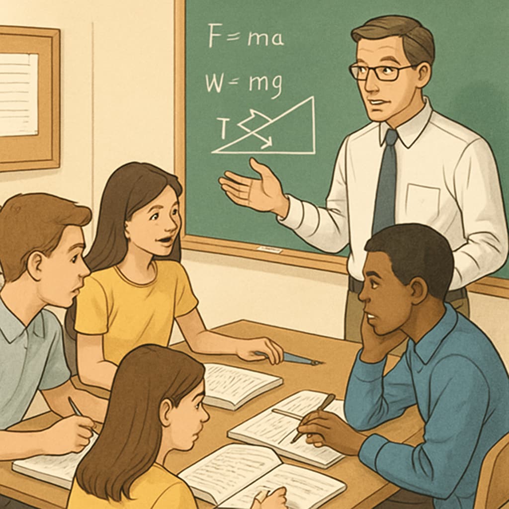 A classroom setting showing high school students engaged in physics problem-solving, emphasizing the importance of teacher accuracy in advanced subjects. High school classroom focused on AP Physics C concepts.