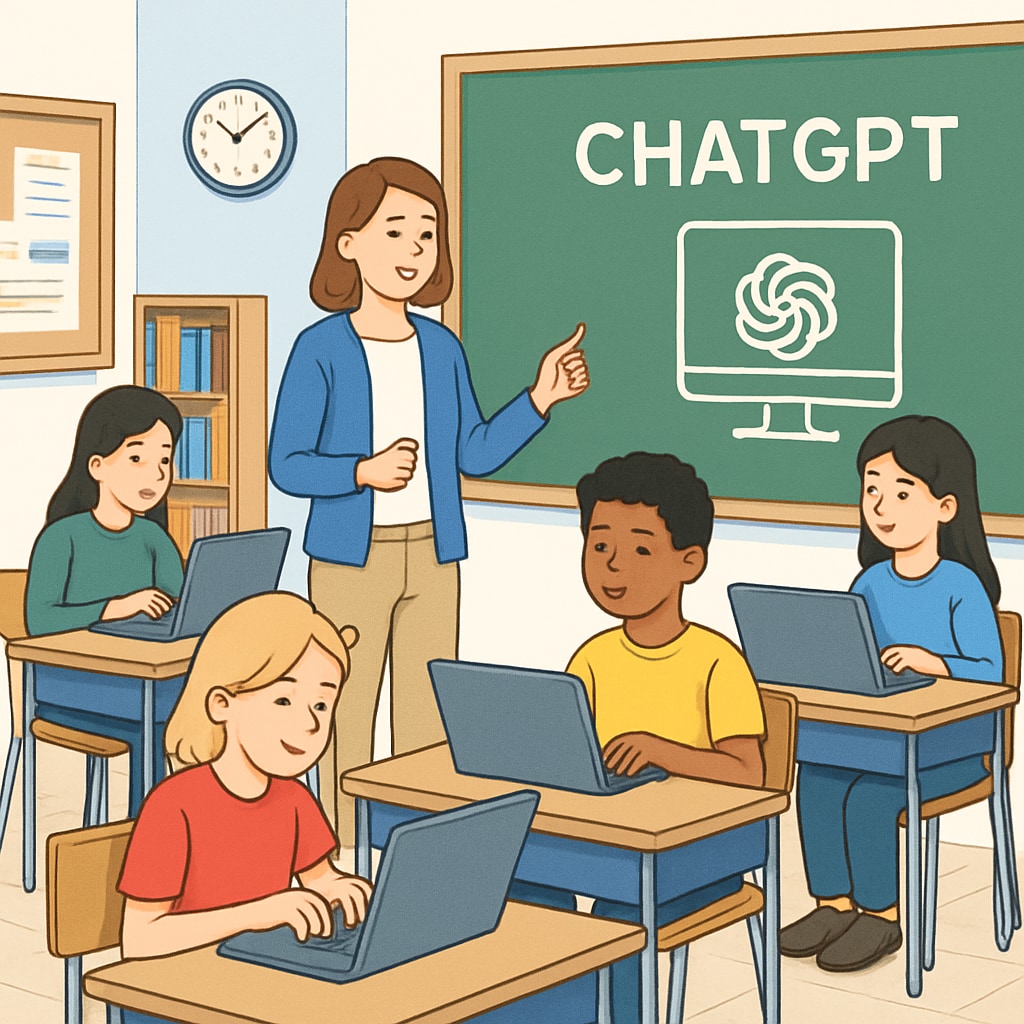 A classroom setting with students using laptops, showcasing the integration of AI tools like ChatGPT in education. Students using laptops with ChatGPT integration in education.