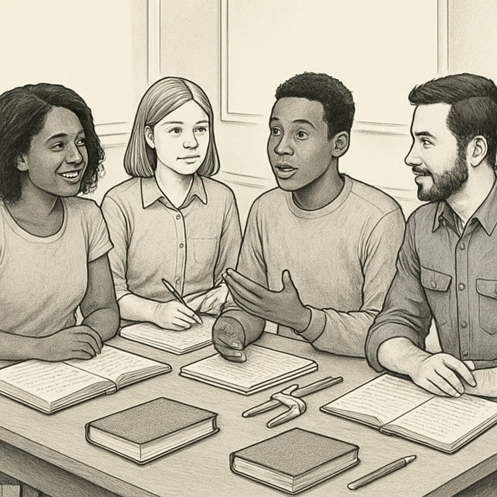A diverse group of students in a classroom, discussing practical job-related skills. Students learning practical skills to address the disconnect between education and employment.