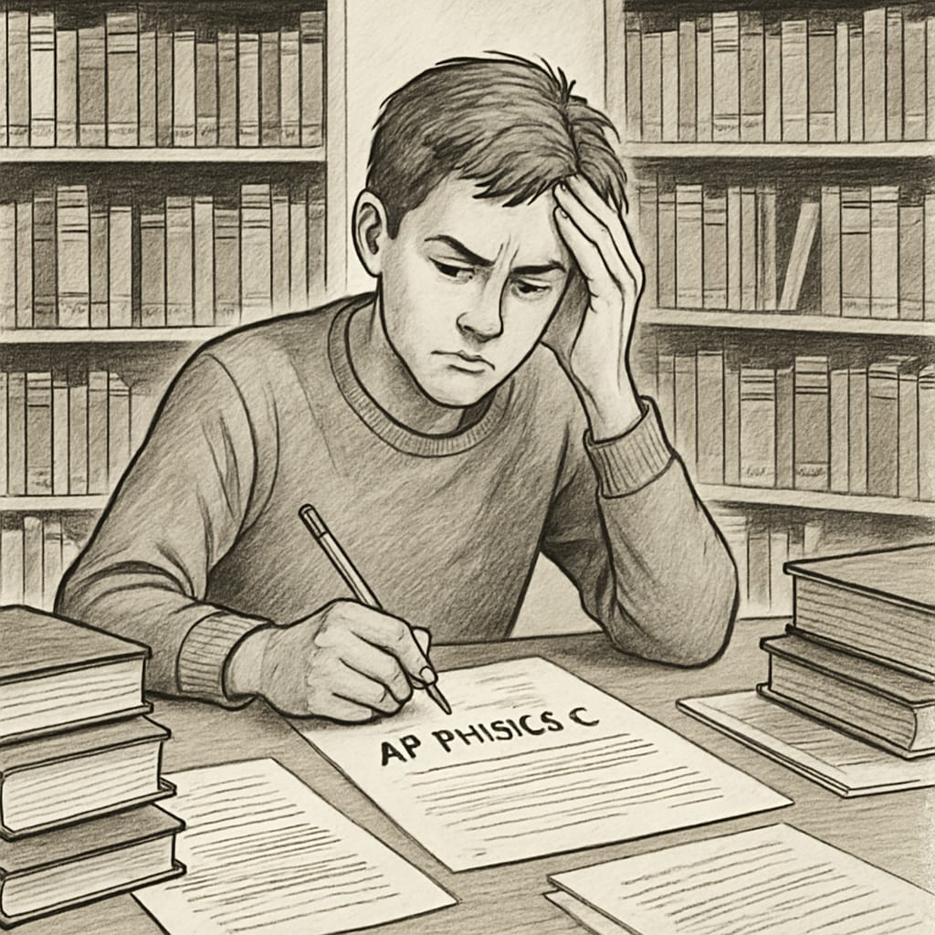 A frustrated student reviewing exam papers in a library setting, symbolizing the struggles of grade appeals in high-stakes courses like AP Physics C. Student examining AP Physics C exam papers during grade appeal.