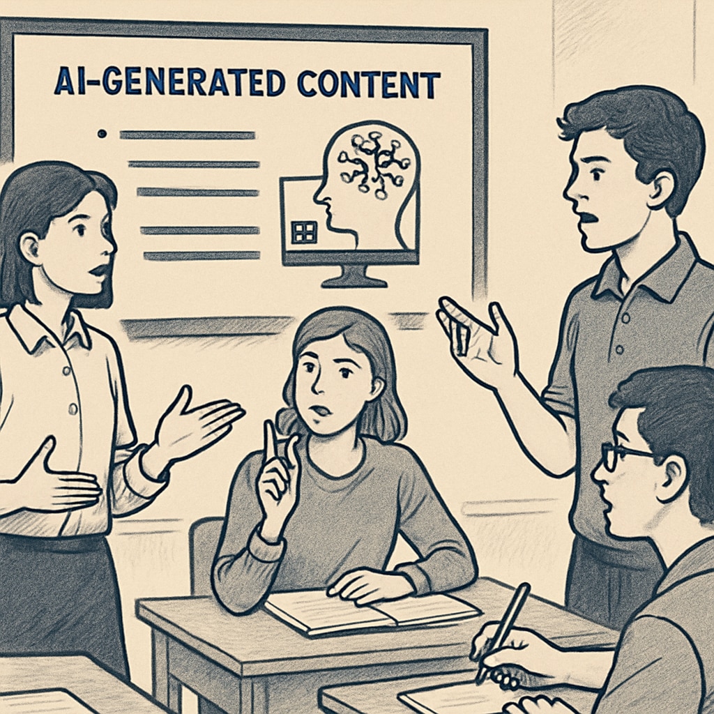 Students engaged in a debate while referencing AI-generated content, illustrating active critical thinking development. Students debating AI-generated content to develop critical thinking skills.