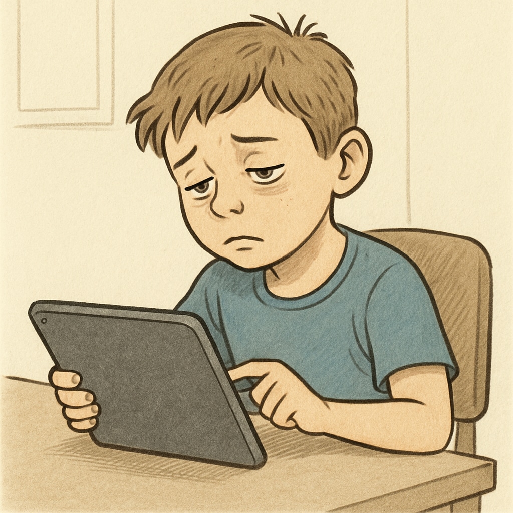 A child using a tablet excessively, appearing tired and disengaged. A representation of technology addiction affecting a child's mental health.
