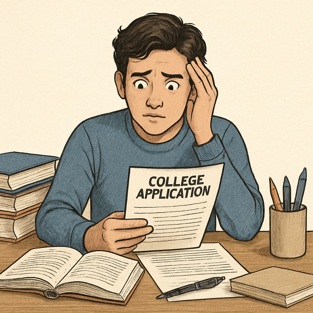 A student nervously looking at their college application, symbolic of the stress of dishonesty. A college applicant reflecting on their application, emphasizing integrity risks.