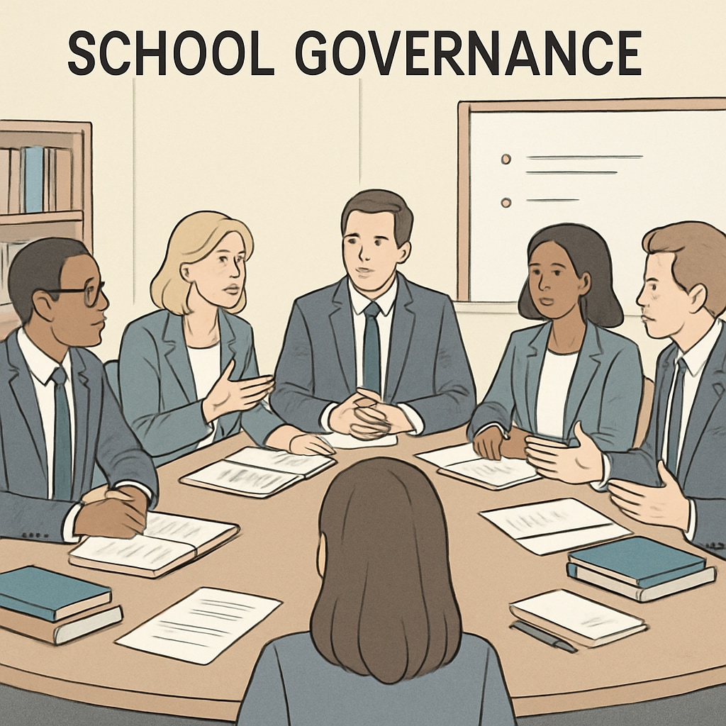 A professional group of individuals discussing school governance at a boardroom table. School board members discussing governance strategies for effective education reform.