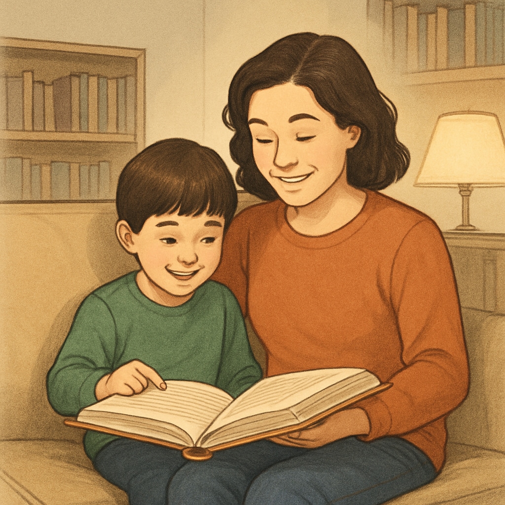 A parent and child reading a book together, emphasizing offline bonding and learning. An example of traditional learning as an alternative to excessive screen time.