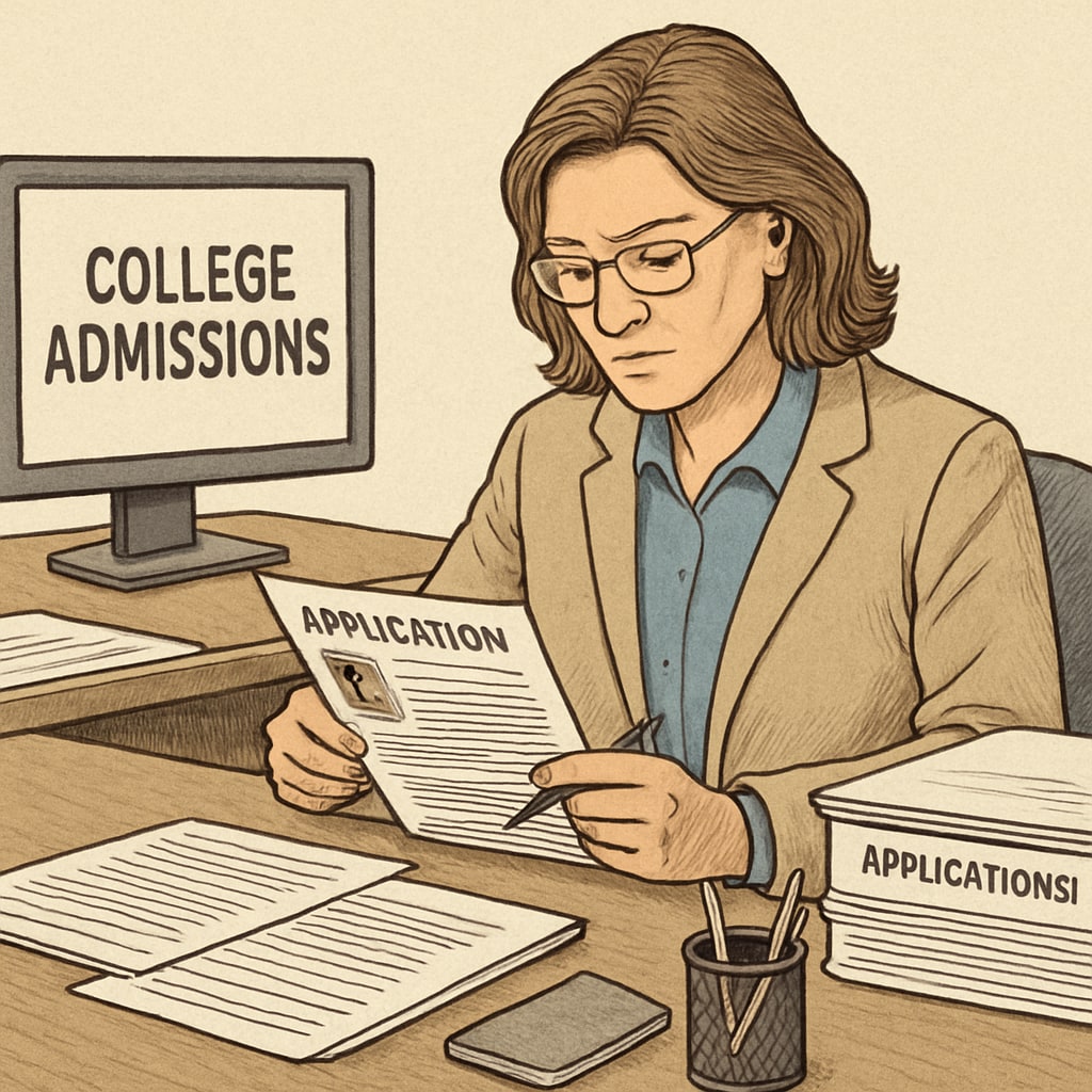 A college admissions officer reviewing an application, symbolizing the importance of accuracy. Admissions officer carefully examining an application, showcasing fairness in the process.