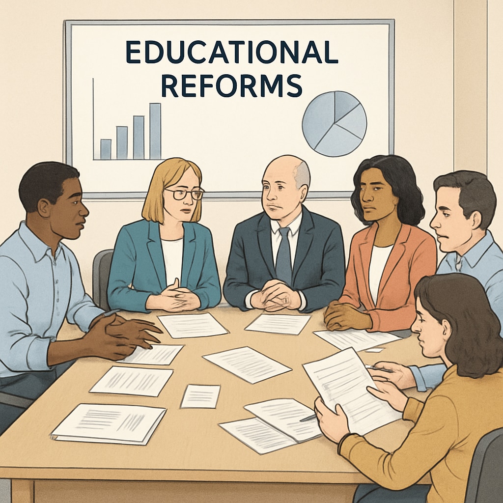 A community forum where school board members and stakeholders engage in a discussion about educational reforms. Community stakeholders and school board members collaborating on educational policies.