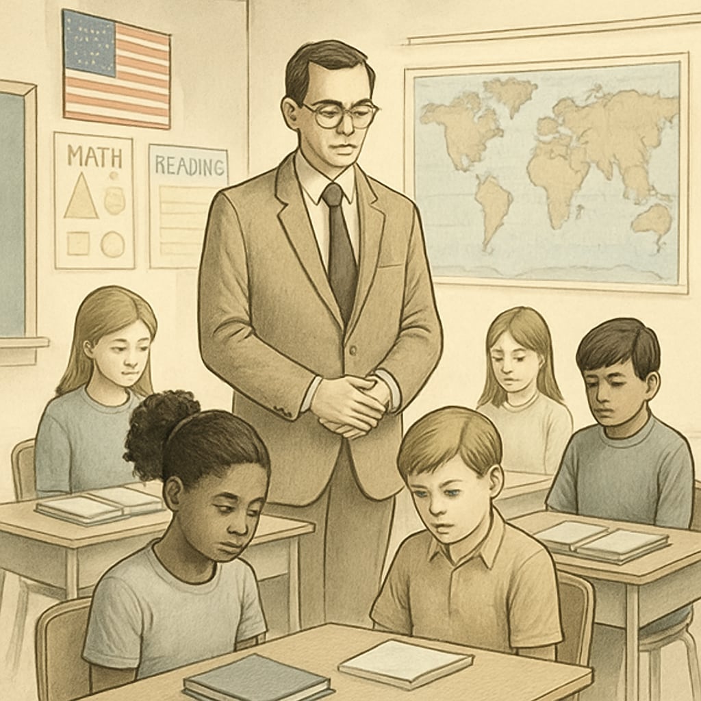 A teacher guiding students in a classroom moment of silence, symbolizing the topic of global war victims and commemoration. Students and teacher in a moment of silence for global war victims.