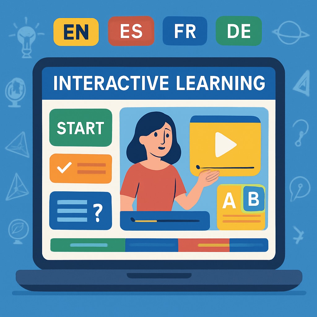 A vibrant image showcasing an interactive learning platform with colorful visuals and multilingual options. Interactive learning platform with multilingual features and colorful visuals.