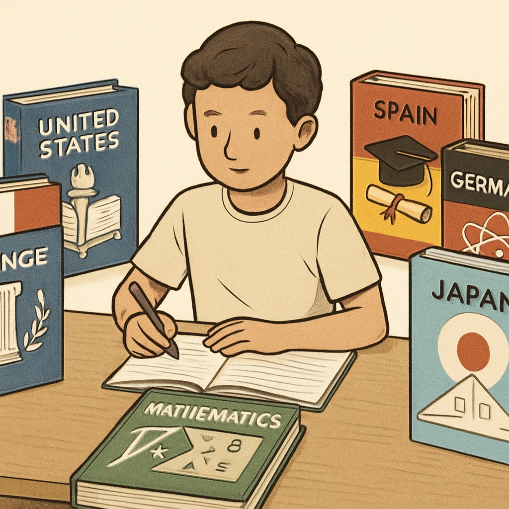 A student sitting at a desk with textbooks from different countries, symbolizing varied education systems. International student surrounded by books from diverse education systems.