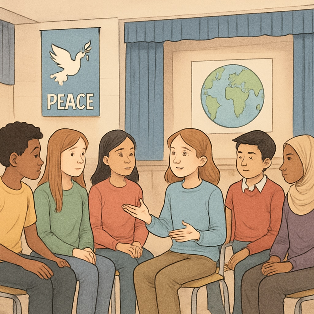 A diverse group of students in a school assembly, discussing peace and the impact of global conflicts. Students participating in a school event about peace and global war victims.